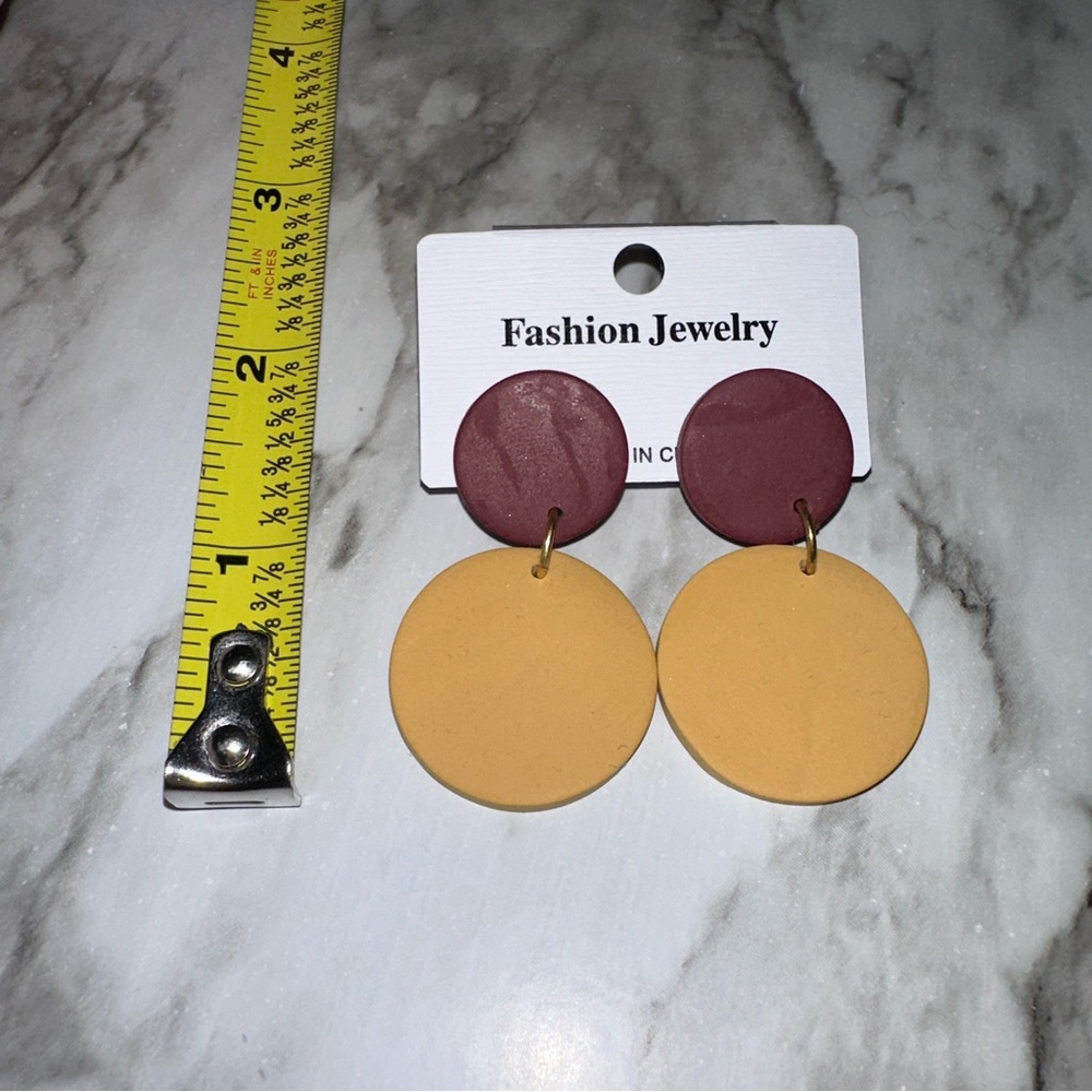 Burgundy & Yellow Wooden Earrings - Picture 3 of 5